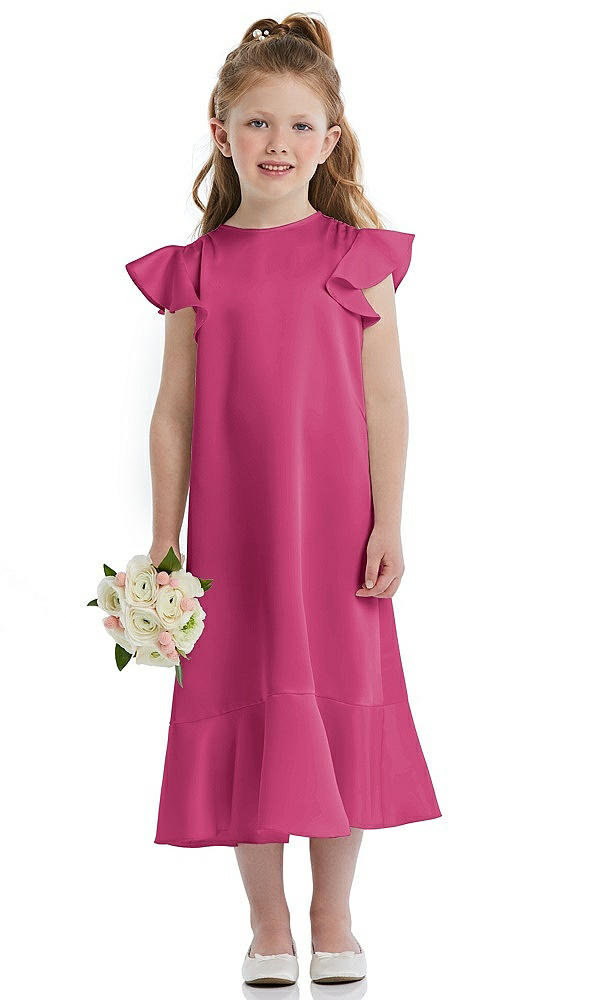 Front View - Tea Rose Flutter Sleeve Ruffle-Hem Satin Flower Girl Dress