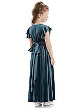 Rear View Thumbnail - Dutch Blue Ruched Flutter Sleeve Velvet Flower Girl Dress with Sash