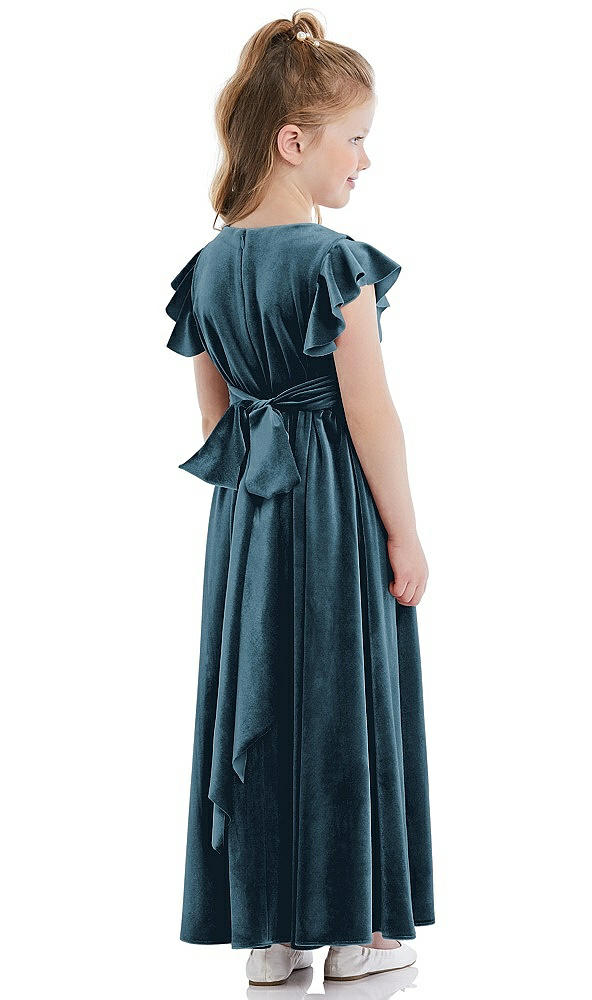 Back View - Dutch Blue Ruched Flutter Sleeve Velvet Flower Girl Dress with Sash
