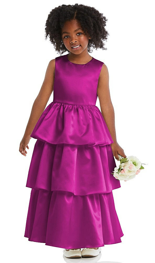 Front View - American Beauty Jewel Neck Tiered Skirt Satin Flower Girl Dress