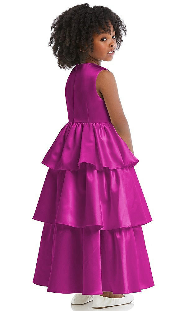 Back View - American Beauty Jewel Neck Tiered Skirt Satin Flower Girl Dress