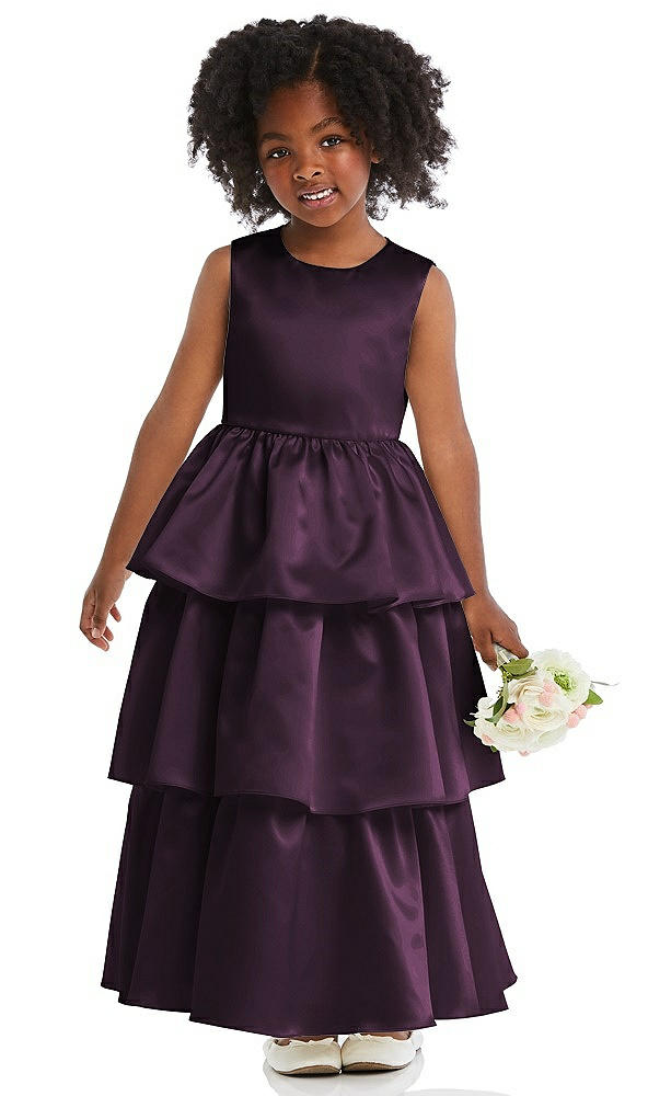 Front View - Aubergine Jewel Neck Tiered Skirt Satin Flower Girl Dress