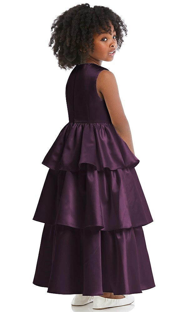 Back View - Aubergine Jewel Neck Tiered Skirt Satin Flower Girl Dress