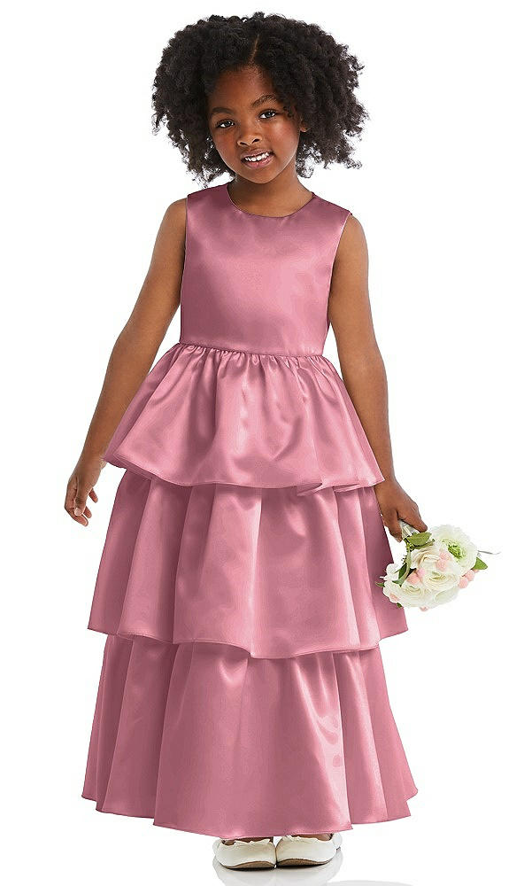 Front View - Carnation Jewel Neck Tiered Skirt Satin Flower Girl Dress