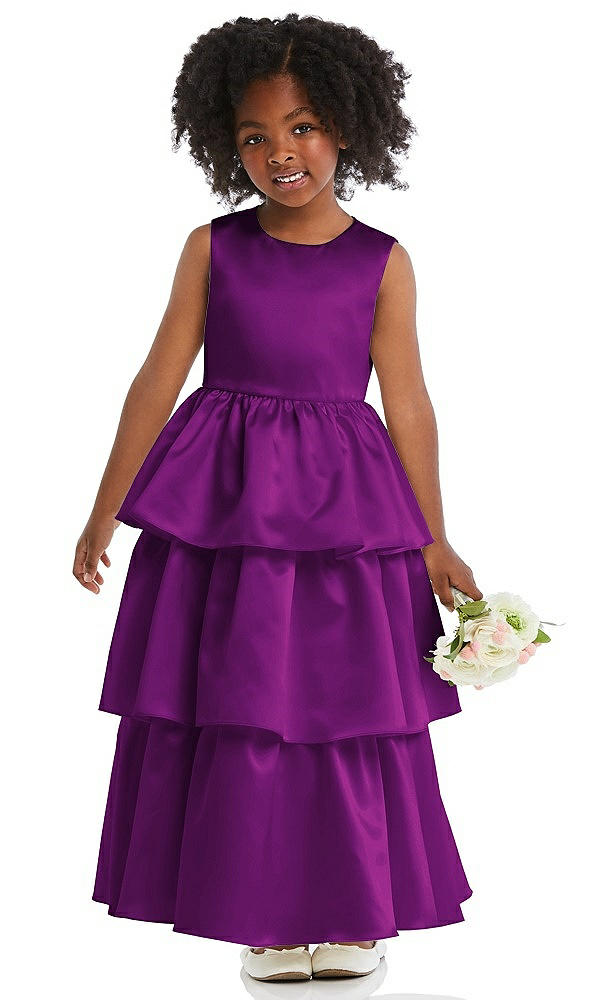 Front View - Dahlia Jewel Neck Tiered Skirt Satin Flower Girl Dress