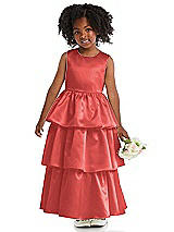 Front View Thumbnail - Perfect Coral Jewel Neck Tiered Skirt Satin Flower Girl Dress