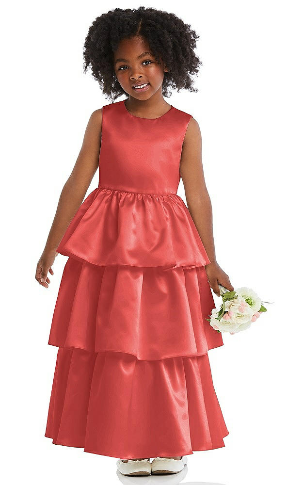 Front View - Perfect Coral Jewel Neck Tiered Skirt Satin Flower Girl Dress