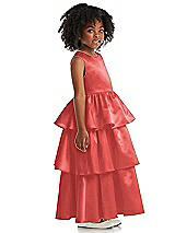 Side View Thumbnail - Perfect Coral Jewel Neck Tiered Skirt Satin Flower Girl Dress