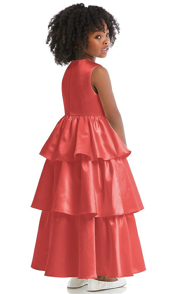 Back View - Perfect Coral Jewel Neck Tiered Skirt Satin Flower Girl Dress