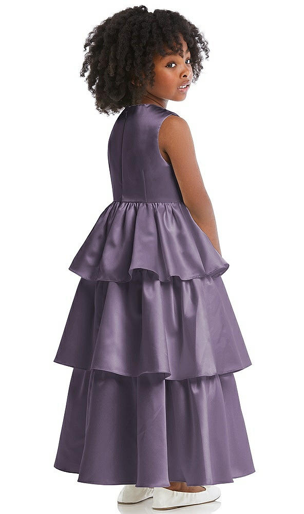 Back View - Lavender Jewel Neck Tiered Skirt Satin Flower Girl Dress