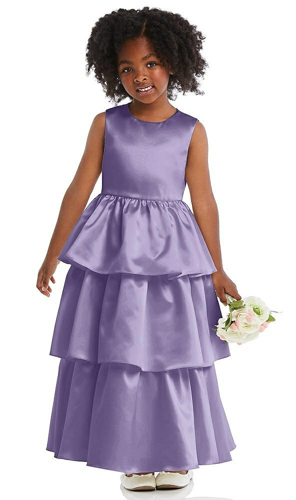 Front View - Passion Jewel Neck Tiered Skirt Satin Flower Girl Dress