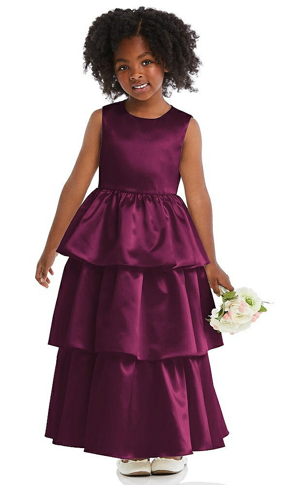 Front View - Ruby Jewel Neck Tiered Skirt Satin Flower Girl Dress