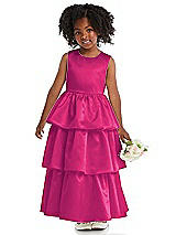 Front View Thumbnail - Think Pink Jewel Neck Tiered Skirt Satin Flower Girl Dress