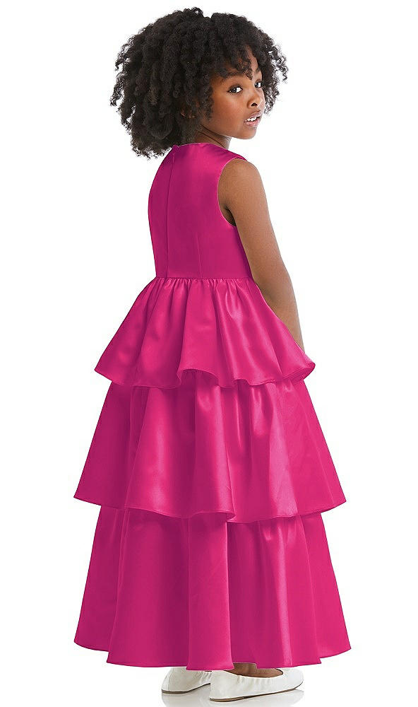 Back View - Think Pink Jewel Neck Tiered Skirt Satin Flower Girl Dress