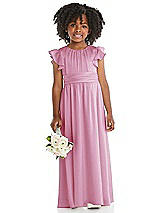 Front View Thumbnail - Powder Pink Ruffle Flutter Sleeve Whisper Satin Flower Girl Dress