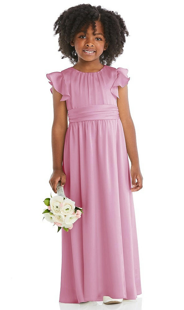 Front View - Powder Pink Ruffle Flutter Sleeve Whisper Satin Flower Girl Dress