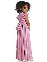 Rear View Thumbnail - Powder Pink Ruffle Flutter Sleeve Whisper Satin Flower Girl Dress