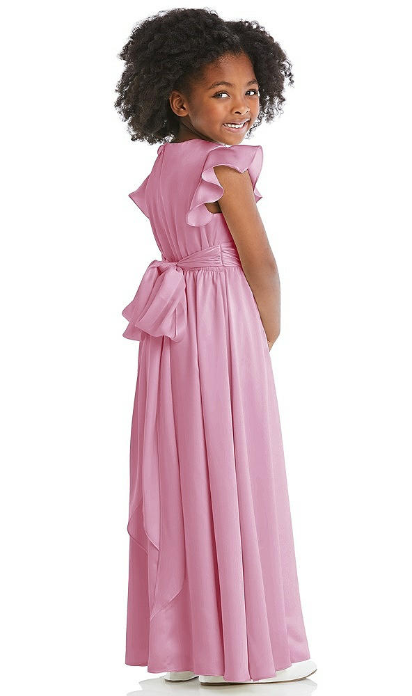Back View - Powder Pink Ruffle Flutter Sleeve Whisper Satin Flower Girl Dress