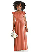 Front View Thumbnail - Terracotta Copper Ruffle Flutter Sleeve Whisper Satin Flower Girl Dress