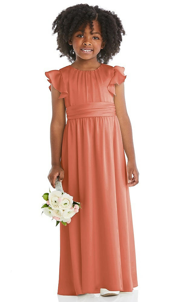 Front View - Terracotta Copper Ruffle Flutter Sleeve Whisper Satin Flower Girl Dress