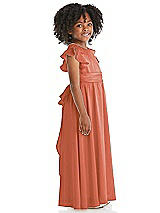 Side View Thumbnail - Terracotta Copper Ruffle Flutter Sleeve Whisper Satin Flower Girl Dress