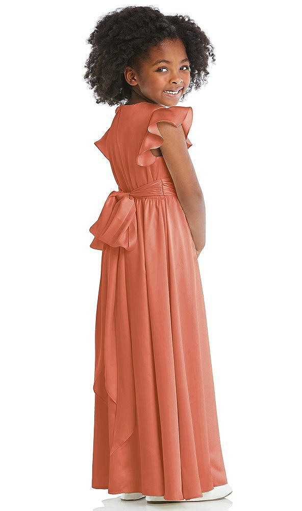 Back View - Terracotta Copper Ruffle Flutter Sleeve Whisper Satin Flower Girl Dress