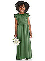 Front View Thumbnail - Vineyard Green Ruffle Flutter Sleeve Whisper Satin Flower Girl Dress