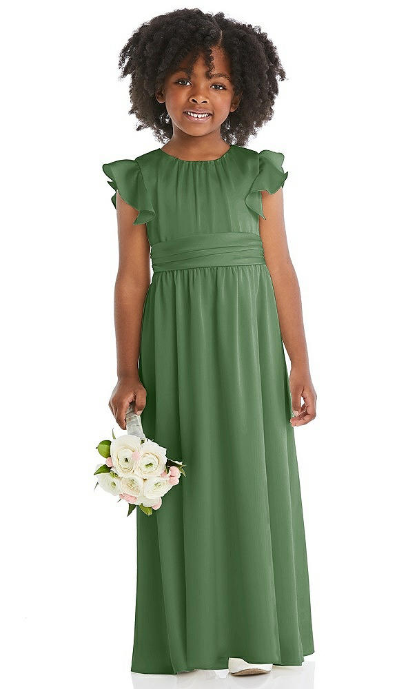 Front View - Vineyard Green Ruffle Flutter Sleeve Whisper Satin Flower Girl Dress