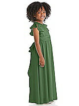 Side View Thumbnail - Vineyard Green Ruffle Flutter Sleeve Whisper Satin Flower Girl Dress