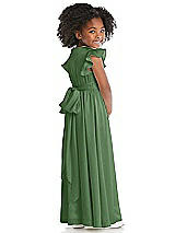 Rear View Thumbnail - Vineyard Green Ruffle Flutter Sleeve Whisper Satin Flower Girl Dress