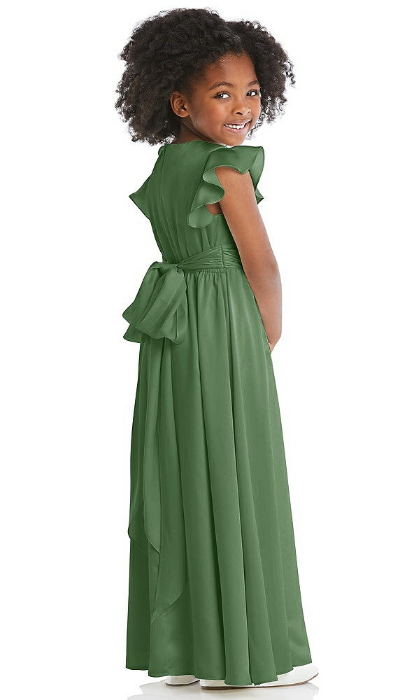 Back View - Vineyard Green Ruffle Flutter Sleeve Whisper Satin Flower Girl Dress