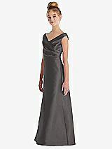 Side View Thumbnail - Caviar Gray Off-the-Shoulder Draped Wrap Satin Junior Bridesmaid Dress