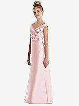 Side View Thumbnail - Ballet Pink Off-the-Shoulder Draped Wrap Satin Junior Bridesmaid Dress
