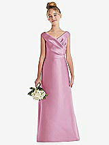 Front View Thumbnail - Powder Pink Off-the-Shoulder Draped Wrap Satin Junior Bridesmaid Dress