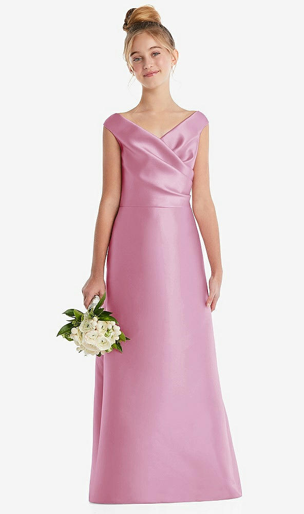 Front View - Powder Pink Off-the-Shoulder Draped Wrap Satin Junior Bridesmaid Dress