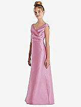 Side View Thumbnail - Powder Pink Off-the-Shoulder Draped Wrap Satin Junior Bridesmaid Dress