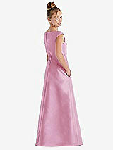 Rear View Thumbnail - Powder Pink Off-the-Shoulder Draped Wrap Satin Junior Bridesmaid Dress