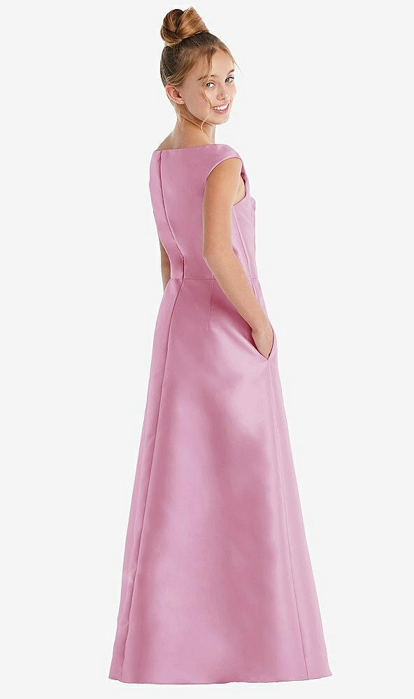 Back View - Powder Pink Off-the-Shoulder Draped Wrap Satin Junior Bridesmaid Dress