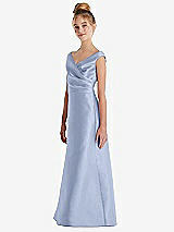 Side View Thumbnail - Sky Blue Off-the-Shoulder Draped Wrap Satin Junior Bridesmaid Dress