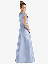 Rear View Thumbnail - Sky Blue Off-the-Shoulder Draped Wrap Satin Junior Bridesmaid Dress