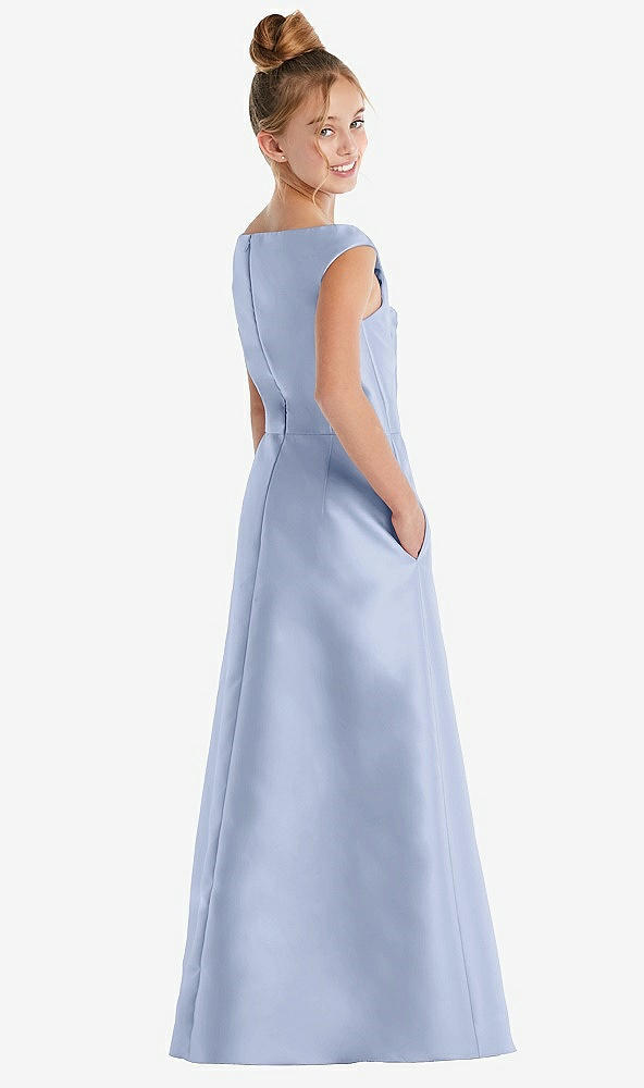 Back View - Sky Blue Off-the-Shoulder Draped Wrap Satin Junior Bridesmaid Dress