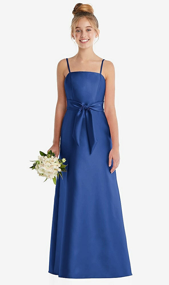 Front View - Classic Blue Spaghetti Strap Satin Junior Bridesmaid Dress with Mini Sash