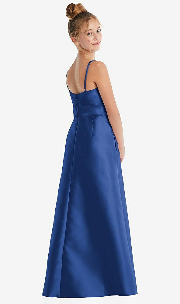 Back View - Classic Blue Spaghetti Strap Satin Junior Bridesmaid Dress with Mini Sash