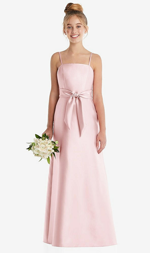 Front View - Ballet Pink Spaghetti Strap Satin Junior Bridesmaid Dress with Mini Sash