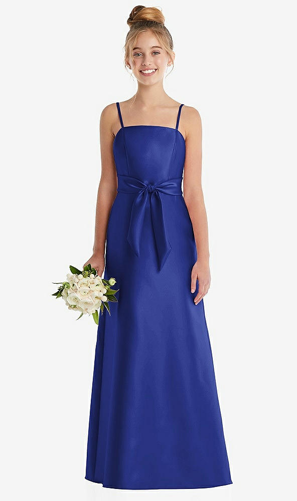 Front View - Cobalt Blue Spaghetti Strap Satin Junior Bridesmaid Dress with Mini Sash