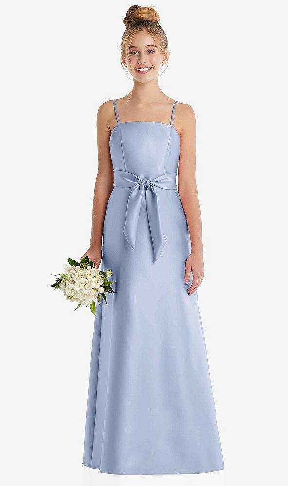 Front View - Sky Blue Spaghetti Strap Satin Junior Bridesmaid Dress with Mini Sash
