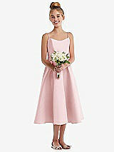 Front View Thumbnail - Ballet Pink Adjustable Spaghetti Strap Satin Midi Junior Bridesmaid Dress