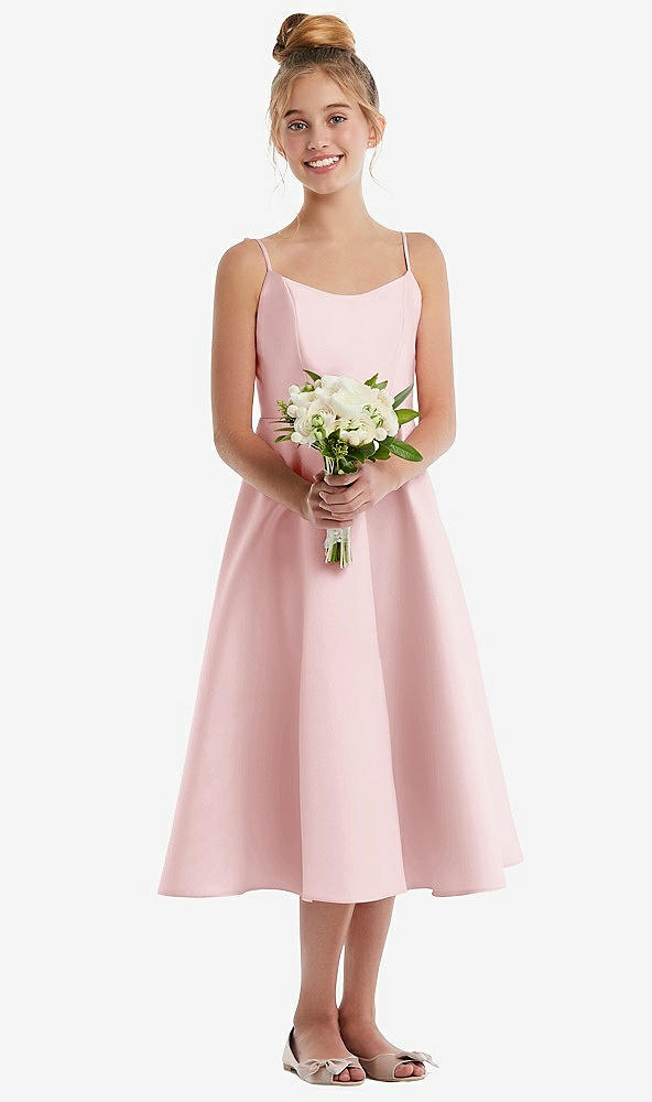 Front View - Ballet Pink Adjustable Spaghetti Strap Satin Midi Junior Bridesmaid Dress