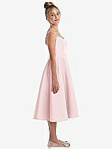 Side View Thumbnail - Ballet Pink Adjustable Spaghetti Strap Satin Midi Junior Bridesmaid Dress
