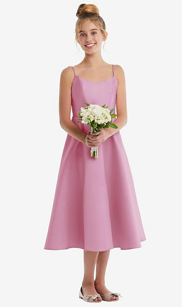 Front View - Powder Pink Adjustable Spaghetti Strap Satin Midi Junior Bridesmaid Dress